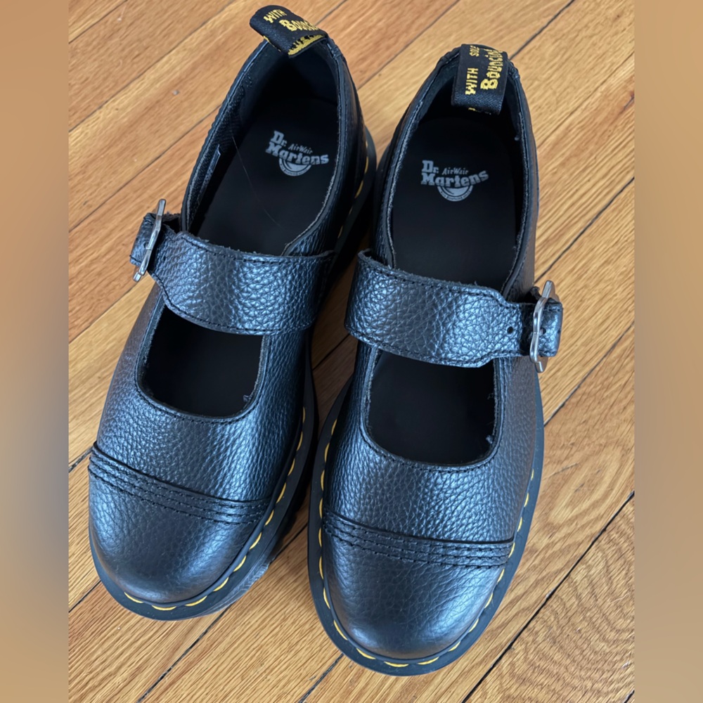 Dr. Martens Black Leather Mary Jane Platform Shoes with Yellow Stitching